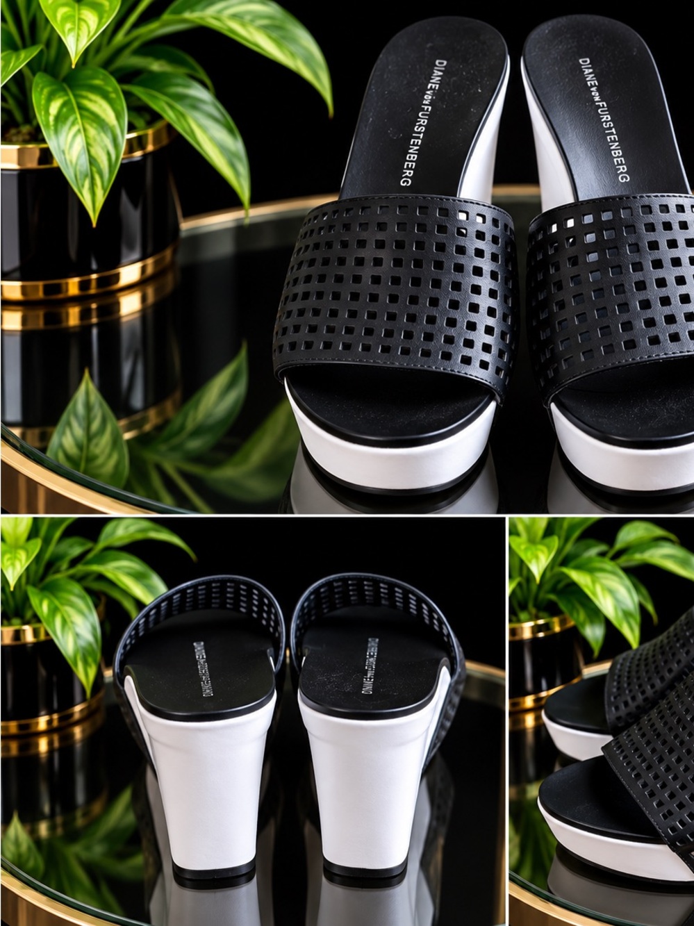 Diane Von Furstenberg Black and White Perforated Slide Mules